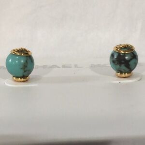 Michael Kors gold tone blue torquoise ball MK logo monogram globe earrings new